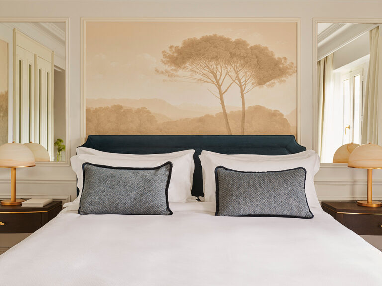 A bedroom with a king bed and a landscape mural headboard wall, The Palace, a Luxury Collection Hotel, Madrid
