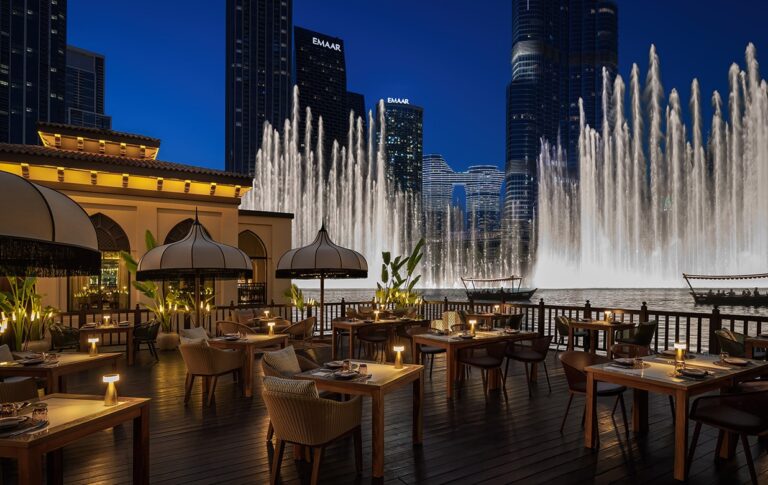 The Thiptara terrace overlooking the Dubai Fountain at night, The Palace Downtown Dubai