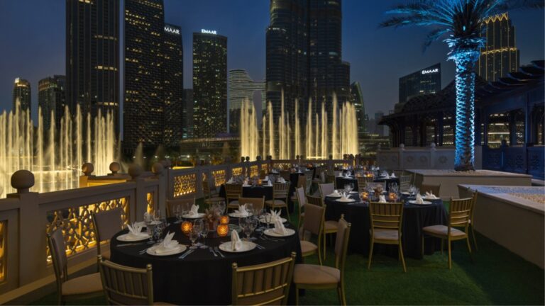 Banquet tables set on the Viewing Deck above the Dubai Fountain, The Palace Downtown Dubai