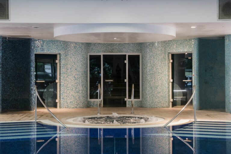 The indoor pool and spa at Donnington & Co., the hotel next door where wedding guests stay, The Post Barn