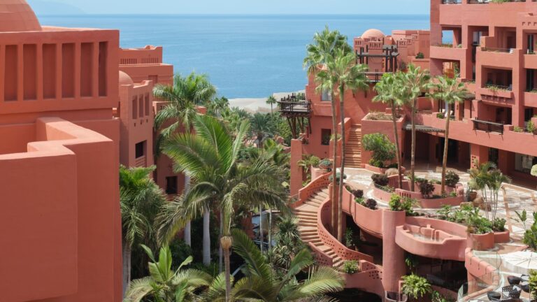 A private pool terrace against the terracotta towers, The Ritz-Carlton, Abama