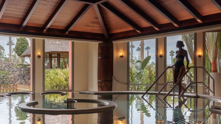 The indoor spa pool, beneath a timber roof, The Ritz-Carlton, Abama