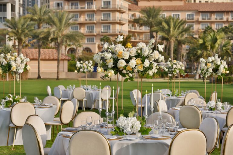 Floral table centrepieces on the lawn, The Ritz-Carlton, Dubai