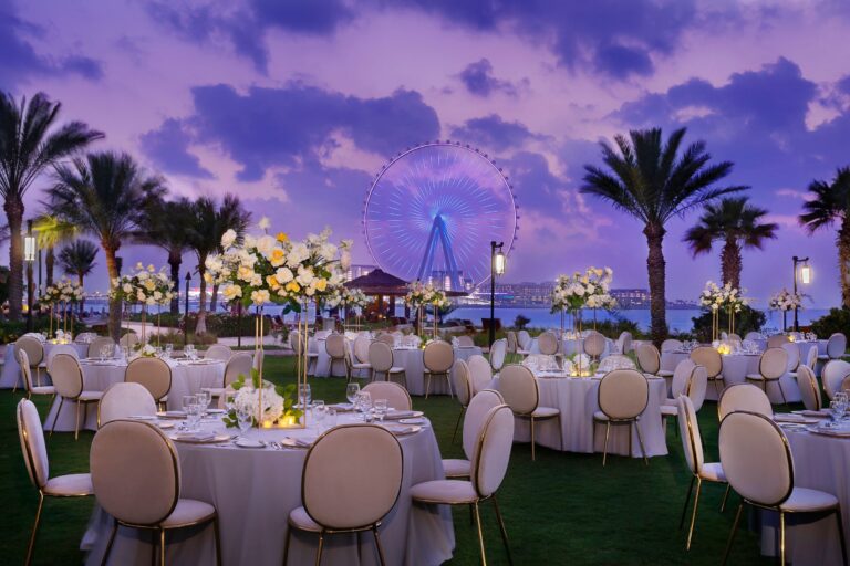 La Brise Lawn wedding set-up at dusk, The Ritz-Carlton, Dubai