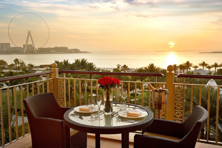 Guest room balcony at sunset, The Ritz-Carlton, Dubai
