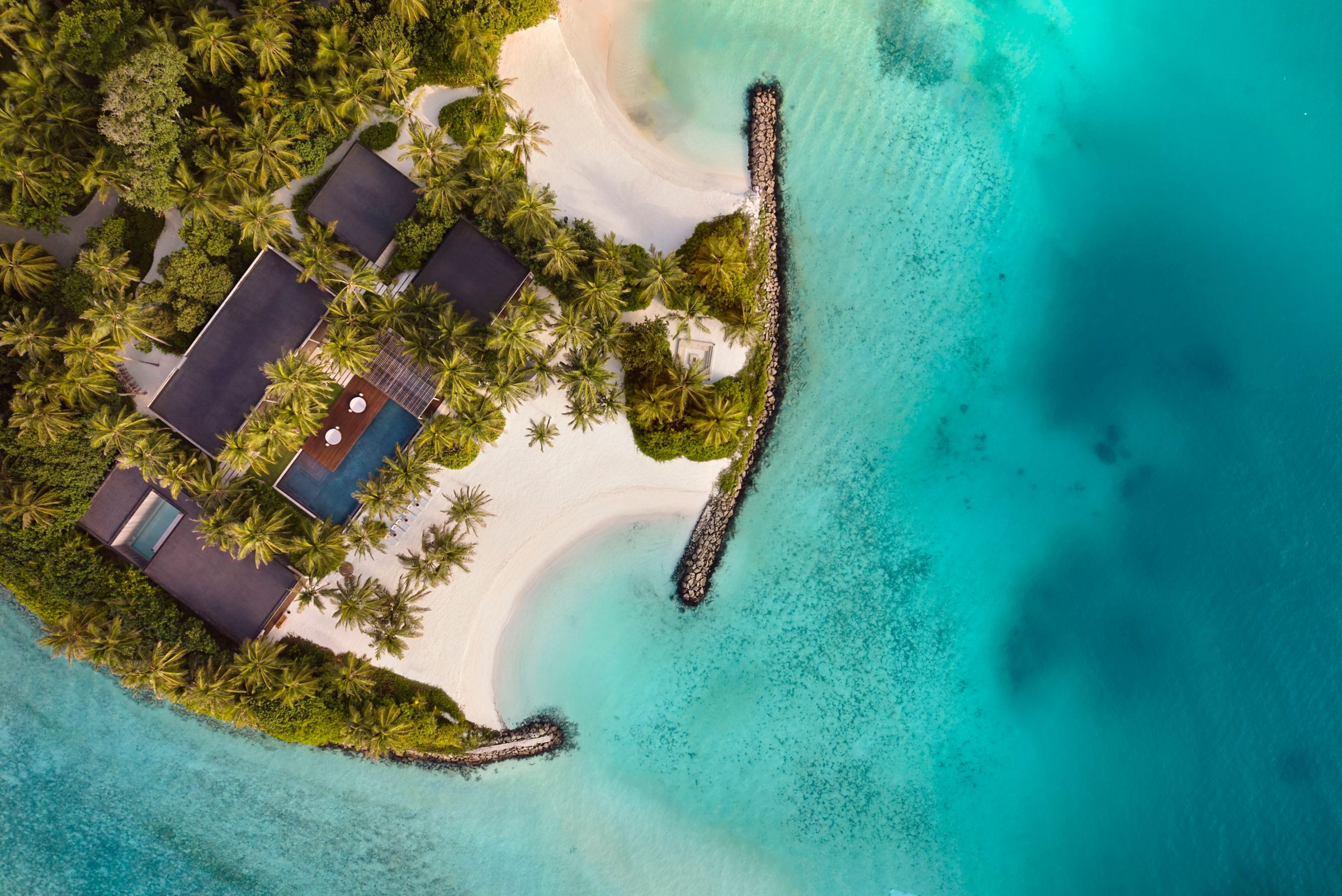 Beach villas and a sandy cove from above, The Ritz-Carlton Maldives, Fari Islands