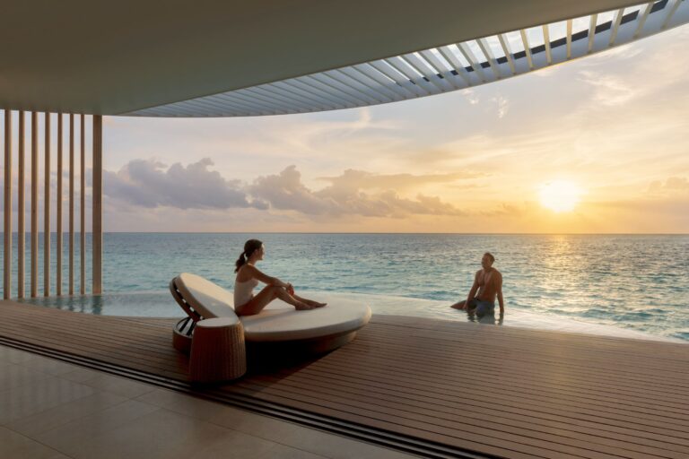 Lagoon pool villa terrace at sunset, The Ritz-Carlton Maldives, Fari Islands