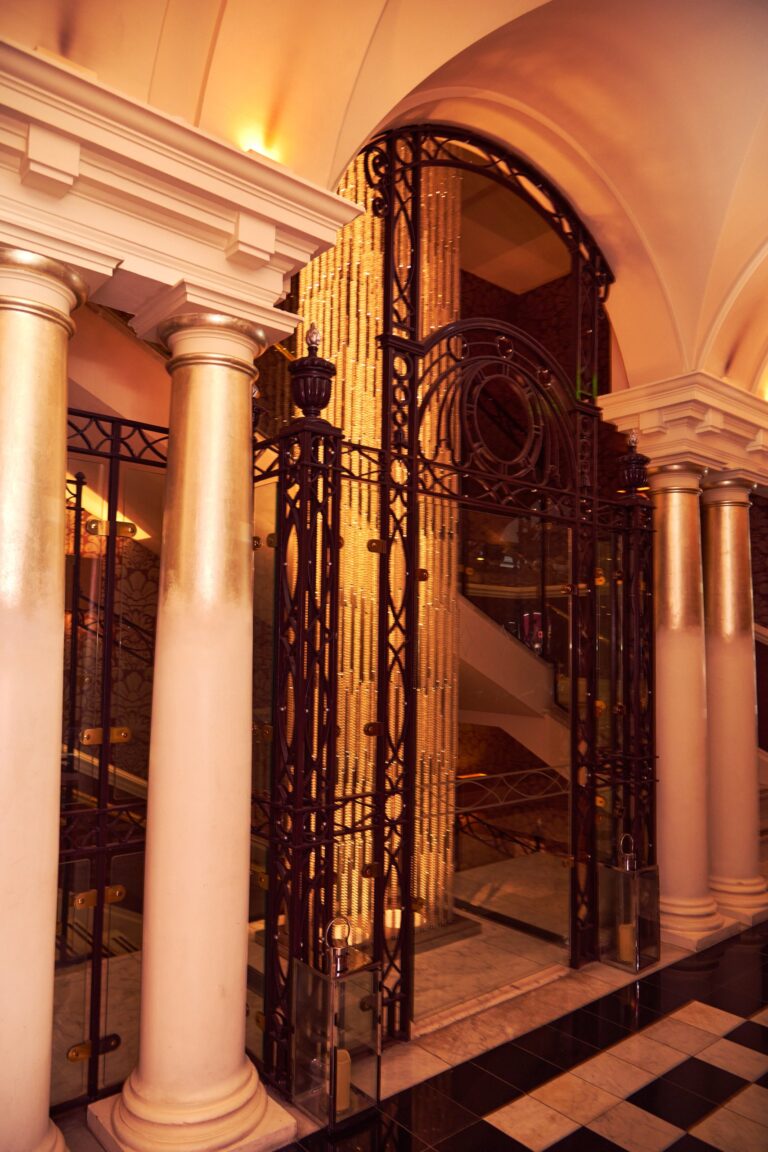 The marble-floored stair hall, with columns, a vaulted ceiling and the beaded chandelier hanging inside the old lift shaft, The Roseate Reading