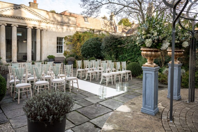 Chairs set out for a ceremony on the garden terrace, The Royal Crescent Hotel & Spa