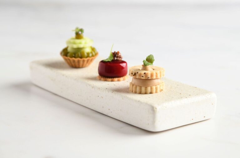 Three small desserts on a slate, The Royal Crescent Hotel & Spa