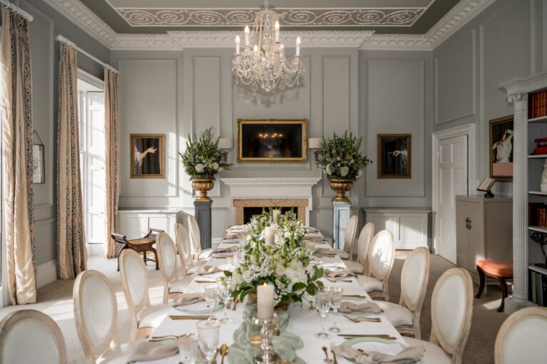 A long table laid for a wedding breakfast in a panelled room, The Royal Crescent Hotel & Spa