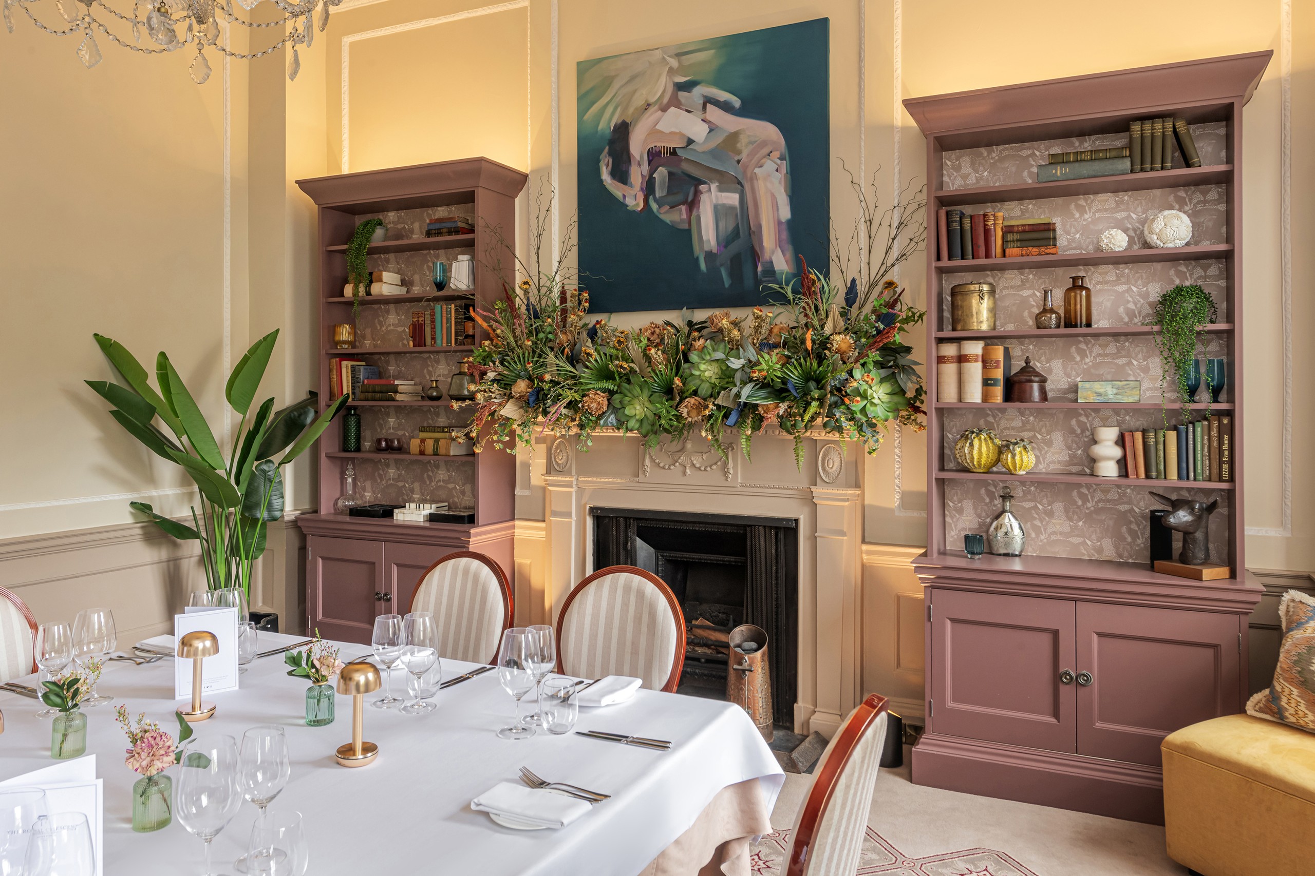 A table laid for a wedding breakfast in the Library, The Royal Crescent Hotel & Spa