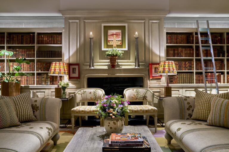 Sofas and shelves in the library, The Soho Hotel