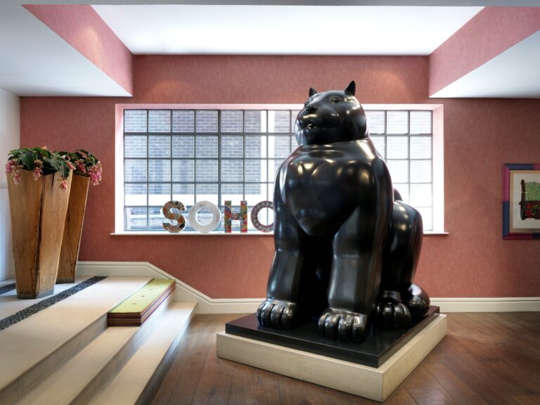 The lobby, with its bronze sculpture by Fernando Botero, The Soho Hotel