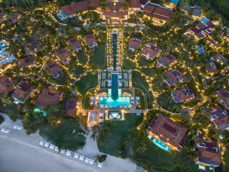 Aerial view of the resort grounds lit at night, The St. Regis Punta Mita Resort