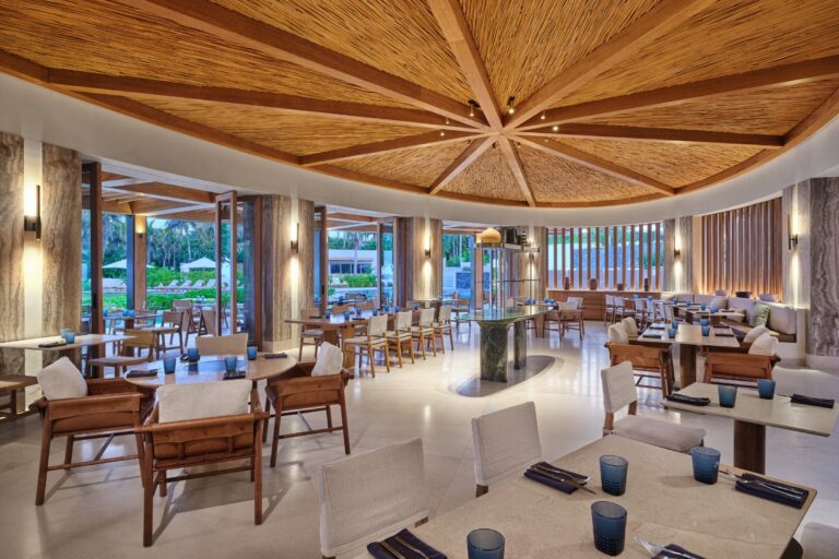 A restaurant dining room with a wooden ceiling, The St. Regis Punta Mita Resort
