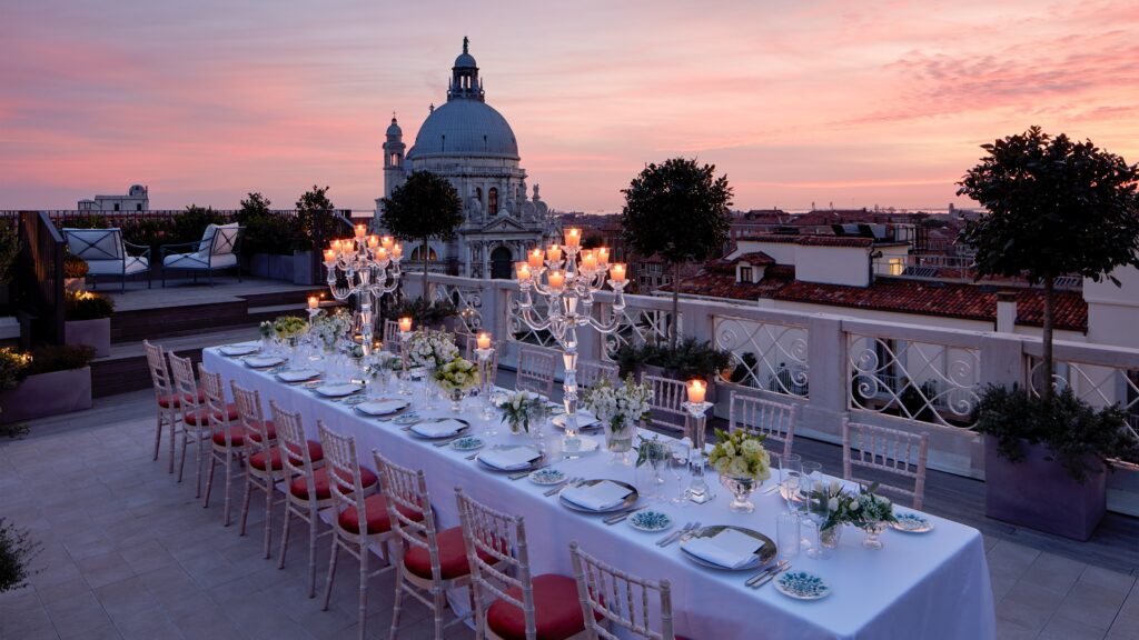 A dinner on the Santa Maria Suite terrace at sunset, The St. Regis Venice