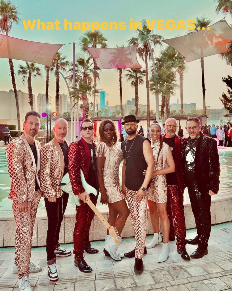 The band in matching sequin outfits beside a pool in Las Vegas, The Sway Allstars
