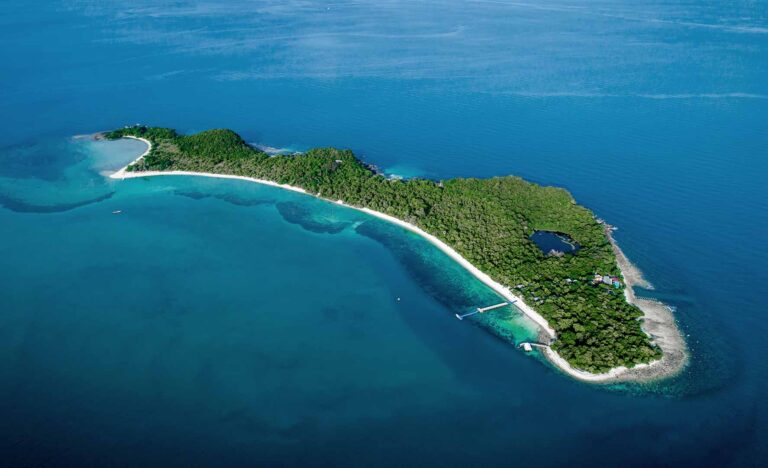 Aerial view of Koh Madsum, a small island in the Gulf of Thailand with a long white beach, The Treasure Resort Koh Madsum - Samui