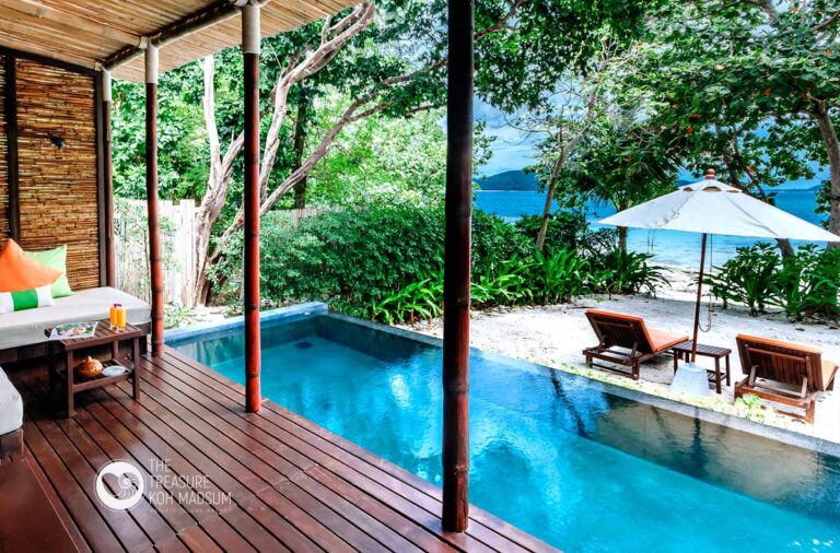 Beachfront Pool Villa terrace with a private pool and loungers by the sand, The Treasure Resort Koh Madsum - Samui