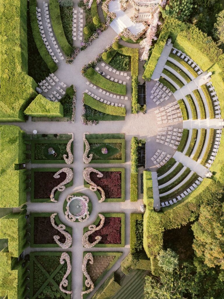 Aerial view of ceremony seating in the Formal Garden, The Vanderbilt Estate
