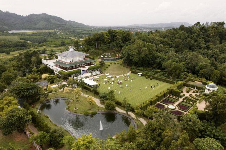 Aerial view of the Georgian mansion, Grand Lawn, lake and formal garden, The Vanderbilt Estate