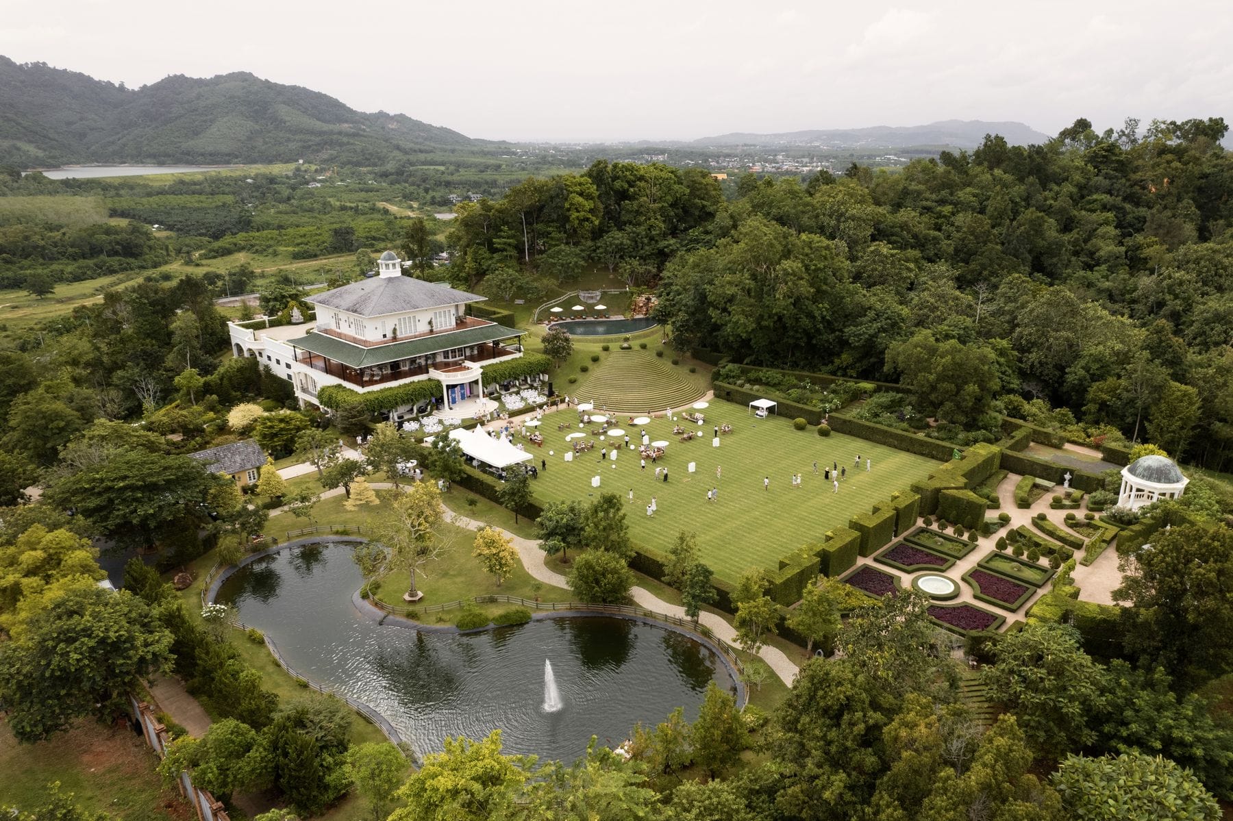 Aerial view of the Georgian mansion, Grand Lawn, lake and formal garden, The Vanderbilt Estate