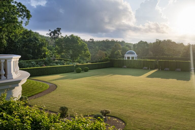 The Formal Garden lawn with the pavilion at sunset, The Vanderbilt Estate