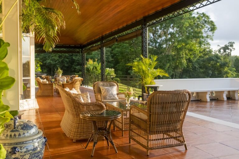 The covered verandah with wicker seating, The Vanderbilt Estate