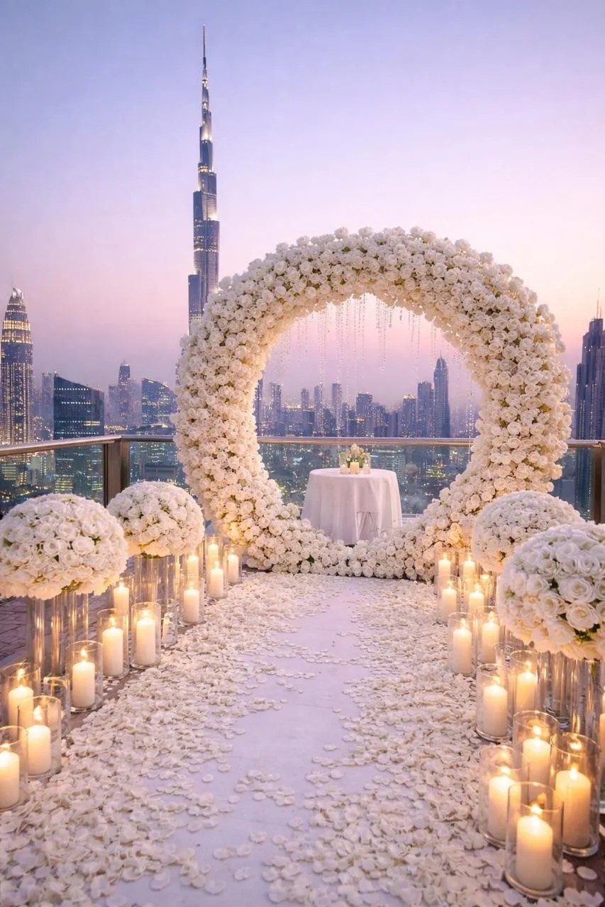 A circle arch of flowers and candles at dusk, with the Dubai skyline behind, The Wedding Atelier