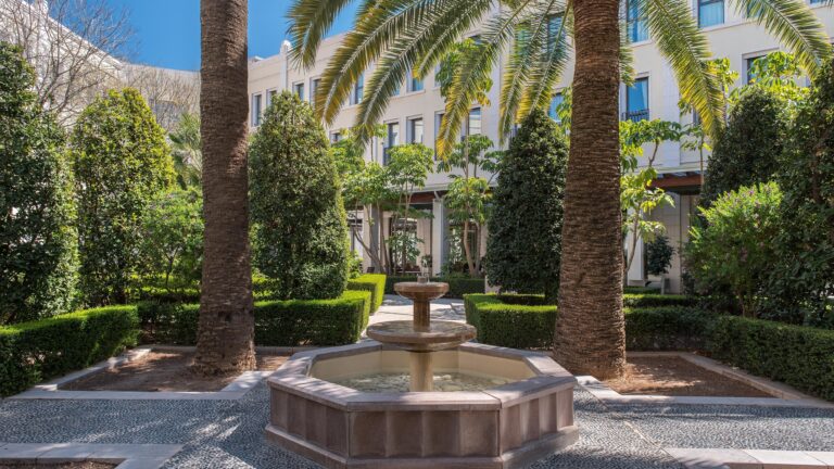 The octagonal stone fountain at the heart of the garden, framed by palms, The Westin Valencia