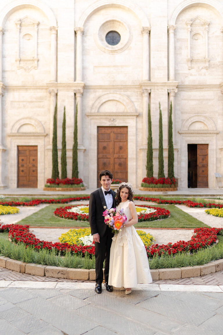 The couple in front of the Duomo of Pienza after their church ceremony, TheKnotInItaly