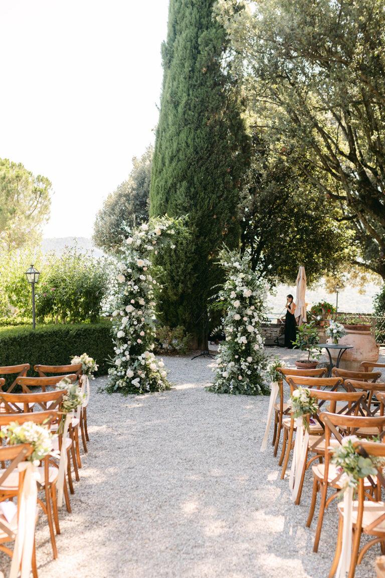 Ceremony aisle on the path to the Italian garden at Castello di Vicchiomaggio, Chianti, for Alexandra and Matthew, TheKnotInItaly