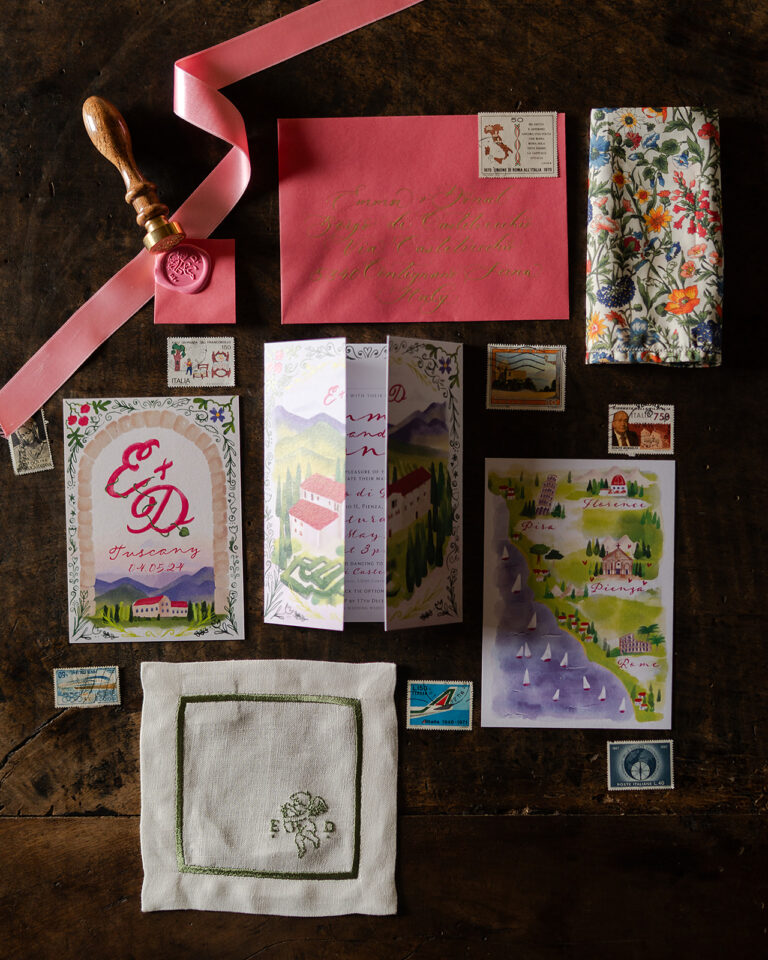 Wedding stationery, illustrated map and embroidered napkin for the Pienza wedding, TheKnotInItaly