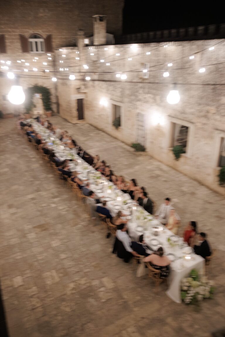 Dinner under string lights in the courtyard at Masseria Salamina, Puglia, TheKnotInItaly