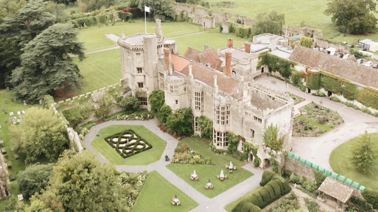 The castle, its knot garden and the outer courtyard from the air, Thornbury Castle