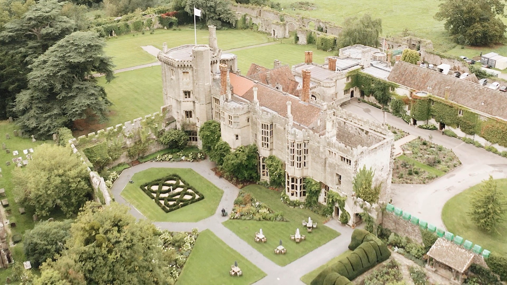 The castle, its knot garden and the outer courtyard from the air, Thornbury Castle