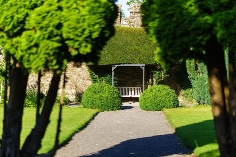 A gravel path between clipped box and yew to a garden arbour, Thornbury Castle