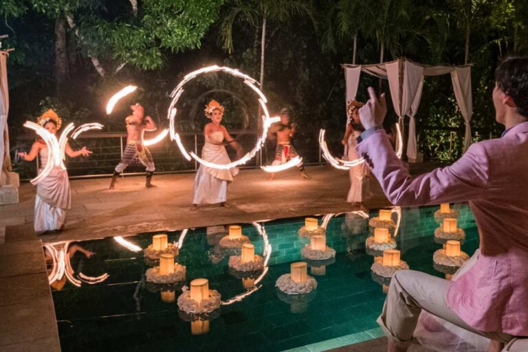 Fire dance performance at the Pool Terrace of Glass House, Tirtha Bridal