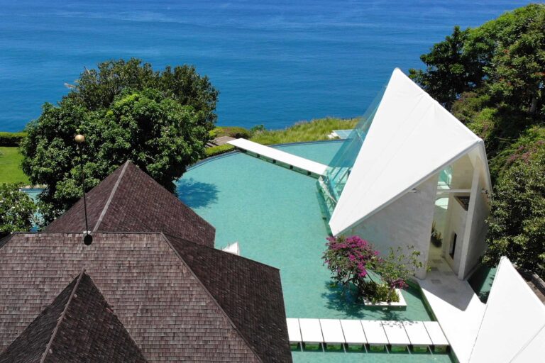 The Glass Chapel on the cliff edge, seen from above, Tirtha Bridal