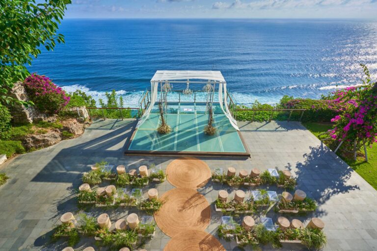 Ceremony set-up on the Glass Stage above the ocean, Tirtha Bridal