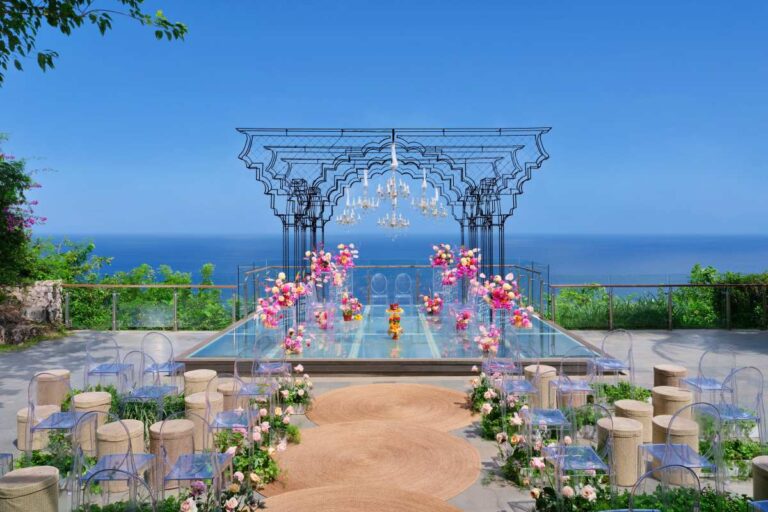 A mandap set on the Glass Stage for an Indian wedding ceremony, Tirtha Bridal