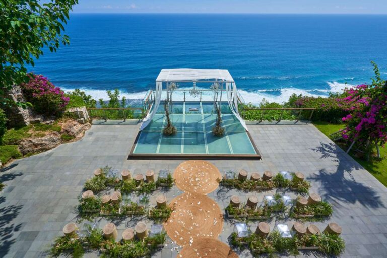 The reflection pool and Glass Stage facing the Indian Ocean, Tirtha Bridal