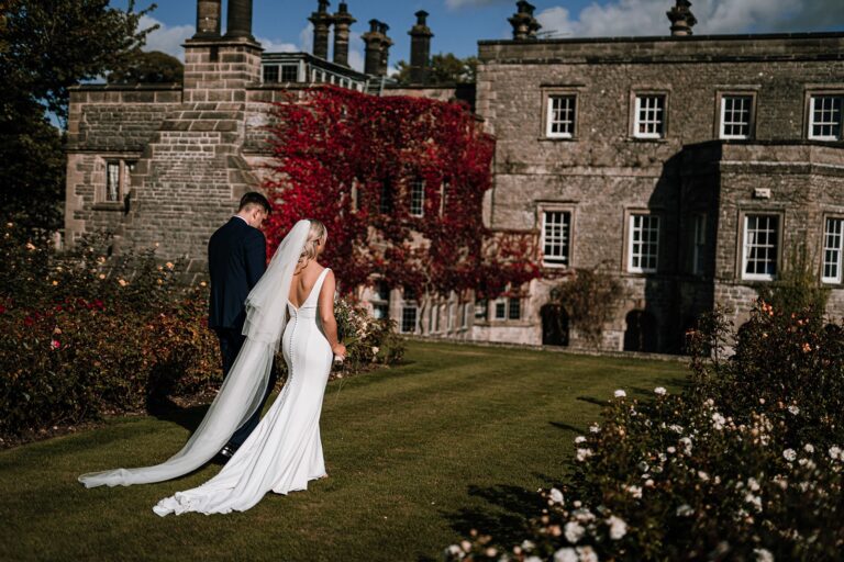 Autumn creeper on the hall, bride on the lawn, Tissington Hall