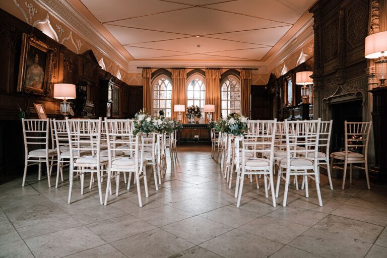 A reception room dressed for the wedding breakfast, Tissington Hall