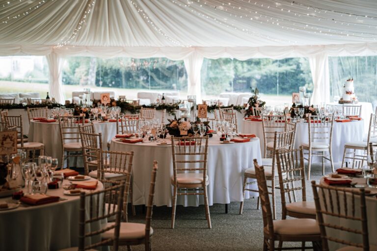 The draped Arboretum Pavilion set for dinner, Tissington Hall
