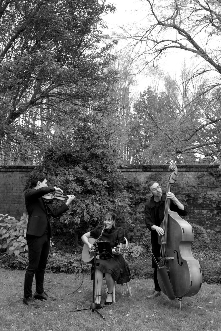 Black and white garden performance with violin, guitar and double bass, Tobi Tobi