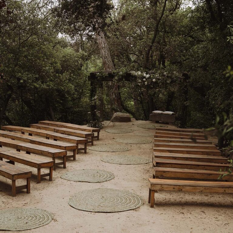 Forest ceremony benches among the trees, Torre Sever