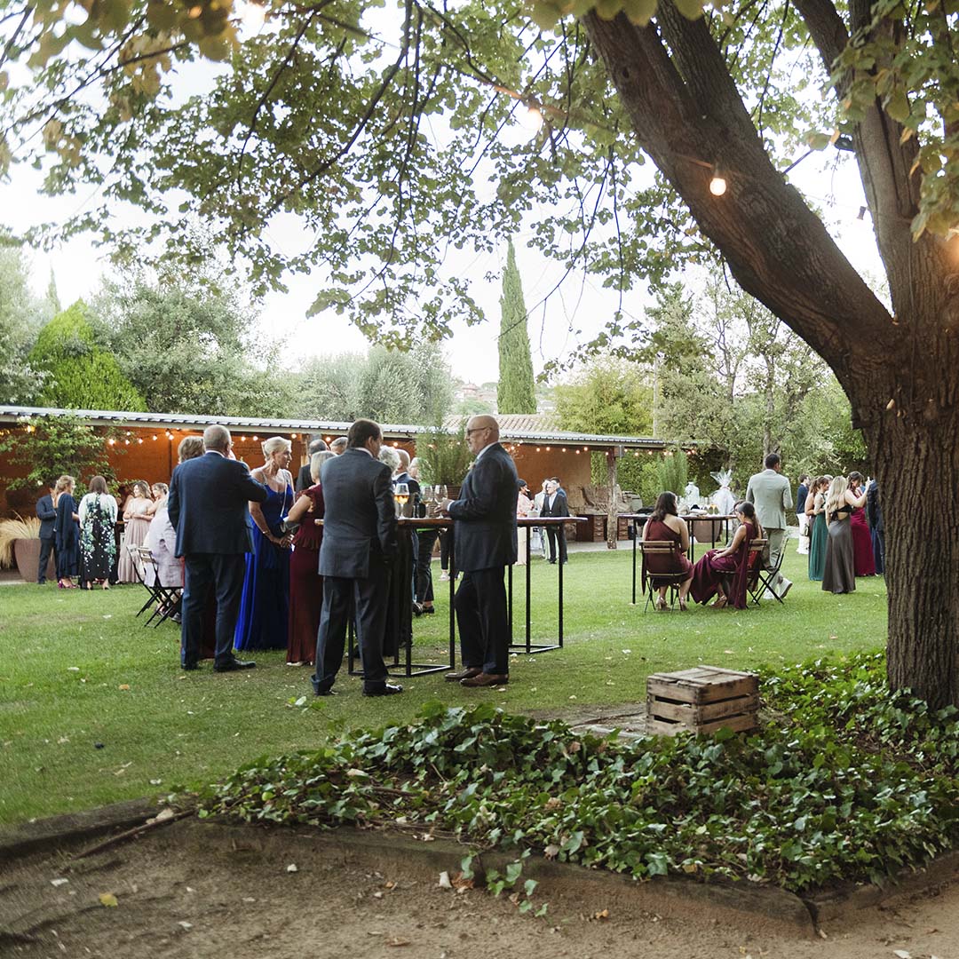 Guests at the drinks reception on the lawn beside the covered pavilion, Torre Sever