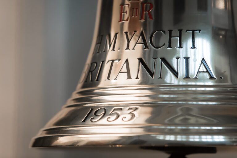 The brass bell from the Royal Yacht Britannia, dated 1953, which couples may ring on the day, Trinity House on Tower Hill